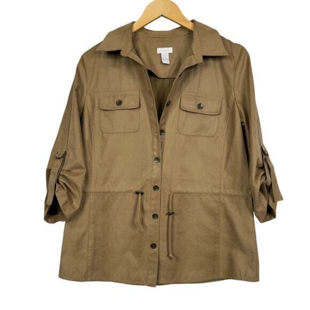 Chicos Pebbled Touch Liam Jacket Tan 3/4‎ Sleeve Adjustable Waist Size 1 Medium